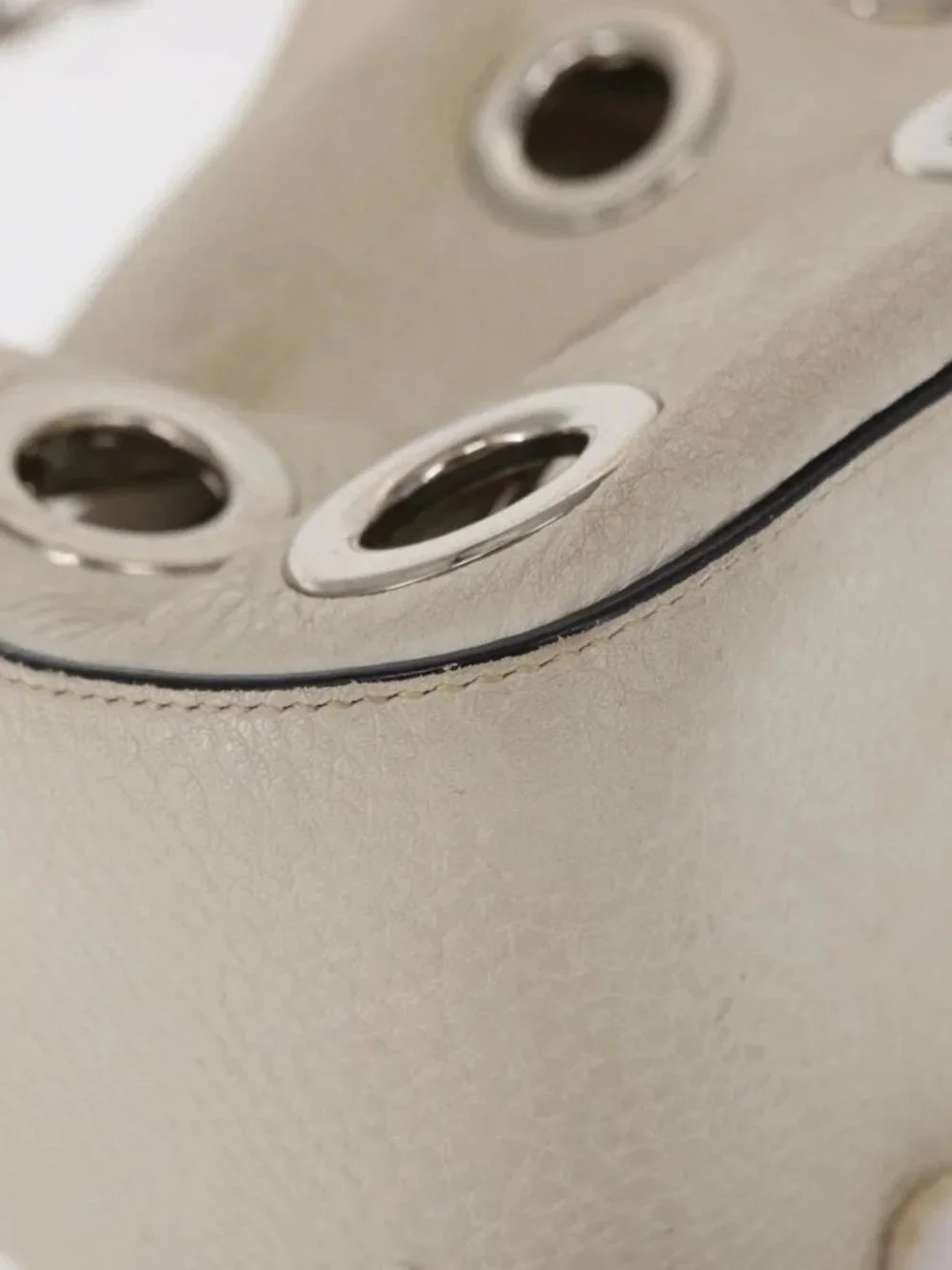 PRADA Grommet Punching Chain Hand Bag Leather Ivory Silver Auth 165205